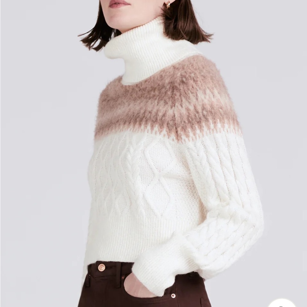 Derek Lam 10 Crosby - Marcella Cable Knit and Fair Isle Turtleneck in Ivory Sz L